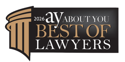 A logo reads 2026 AY About You Best of Lawyers in gold and white letters on a black background, with a stylized gold column on the left side.